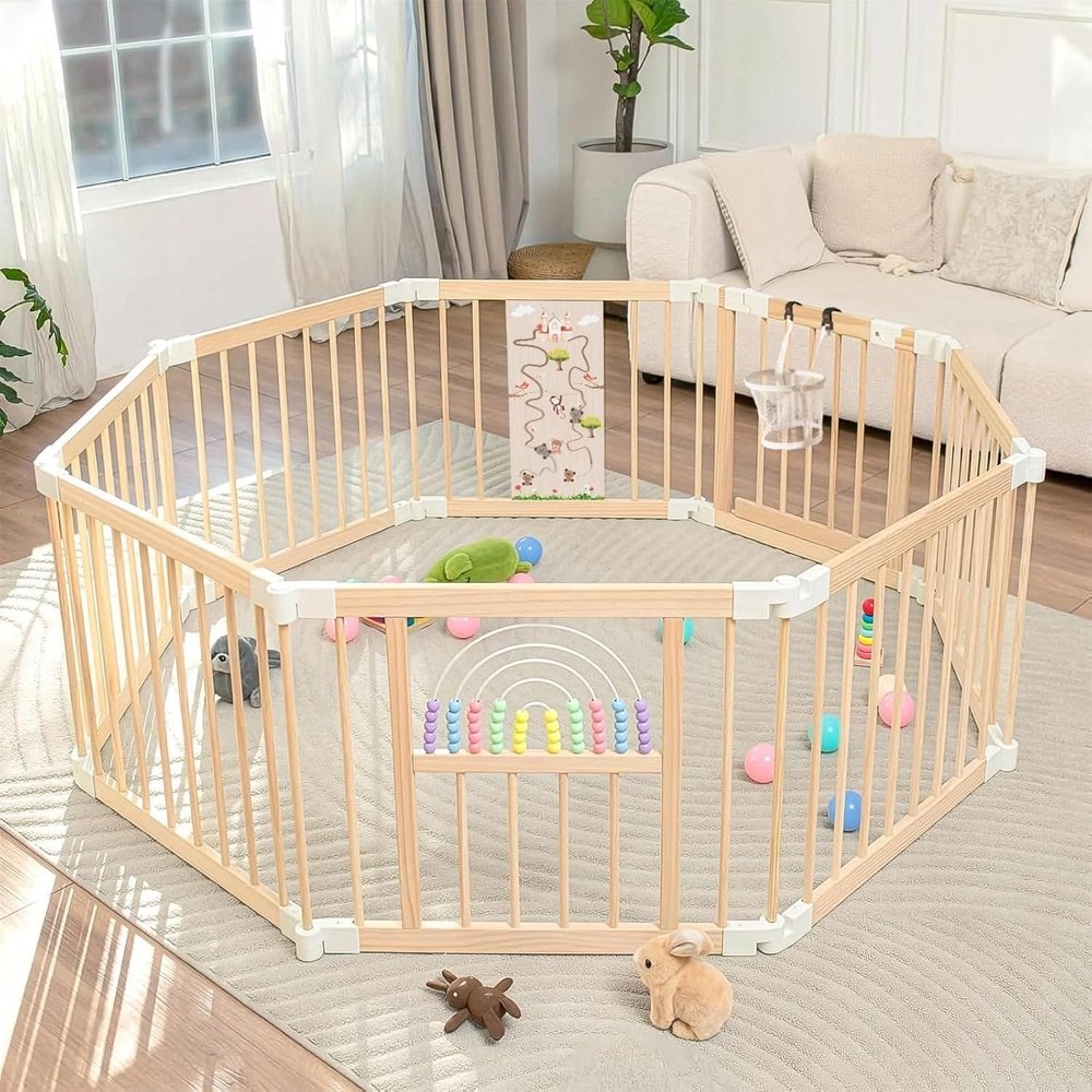 Ulnxiy foldable wooden playpen for toddlers, fully set up